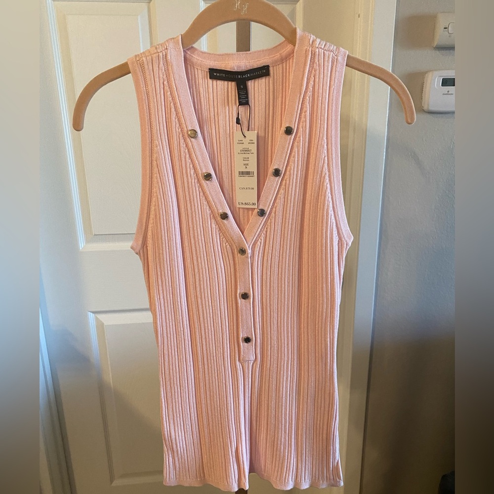 NWT White House Black Market Ribbed V Neck Pink Sleeveless Top Size Small